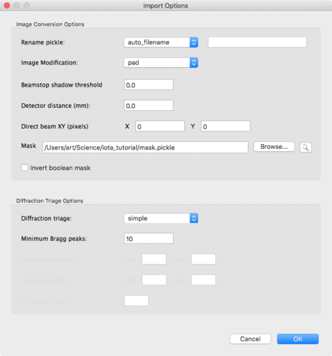 Tutorial Fig. 5: Import Options with beamstop mask file specified